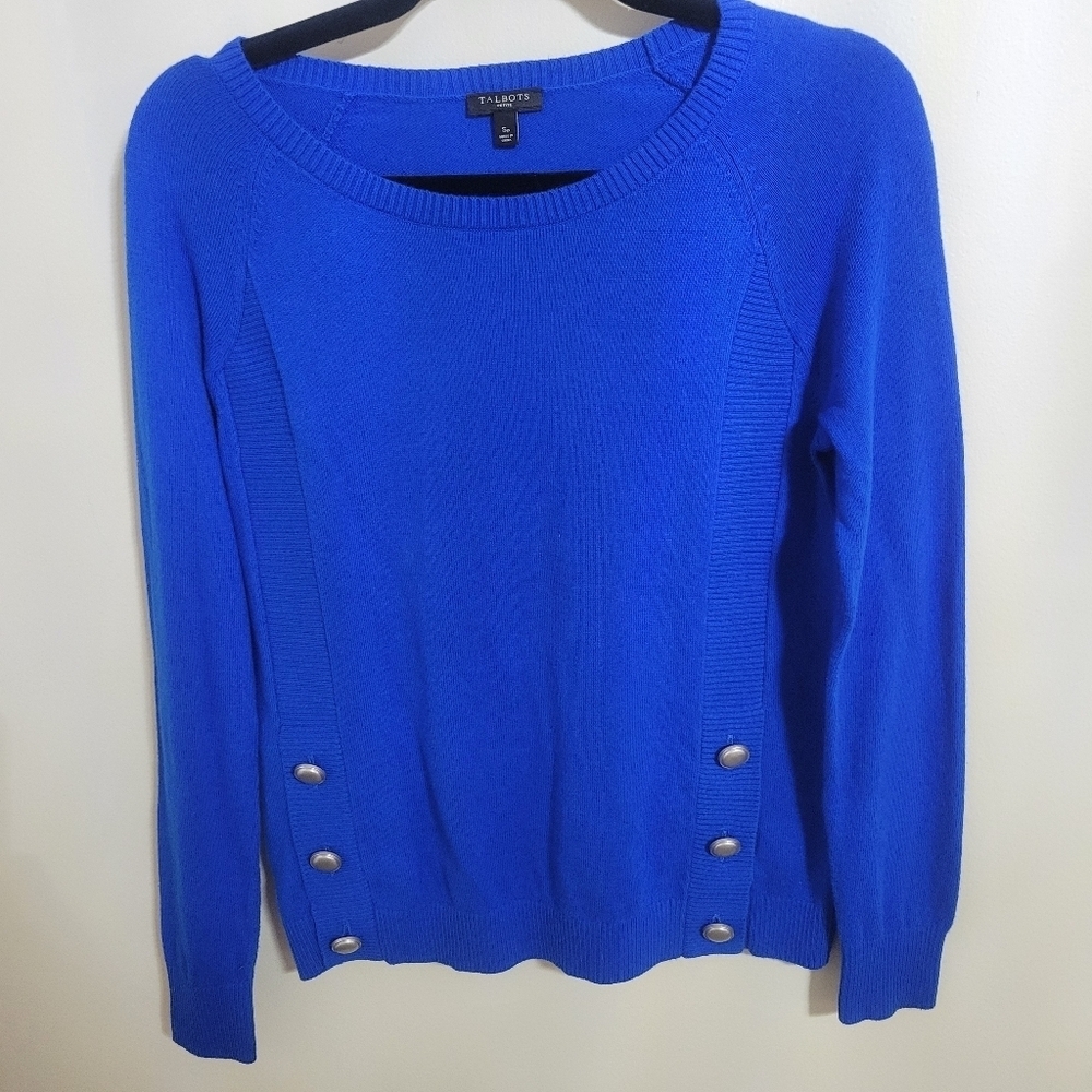 Talbots Vibrant Blue Crew Neck Sweater With Buttons, Size Petite S